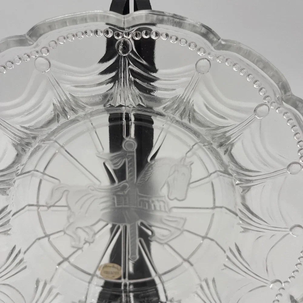 Vintage Clear Frosted Glass Carousel Horse Scalloped Beaded Bowl 8 inch